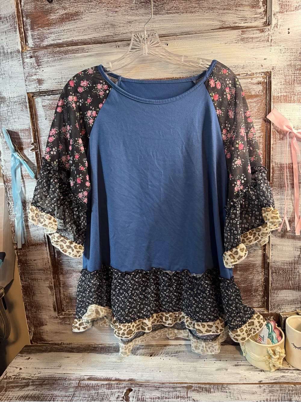 Blue Mixed-Print Ruffle Sleeve Blouse